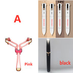 Eyebrow shaping set featuring a foldable pink stencil, 4-in-1 contouring pens, and a black electric trimmer.