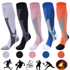 Five colorful compression socks with checkered patterns for athletic support, circulation, and recovery.