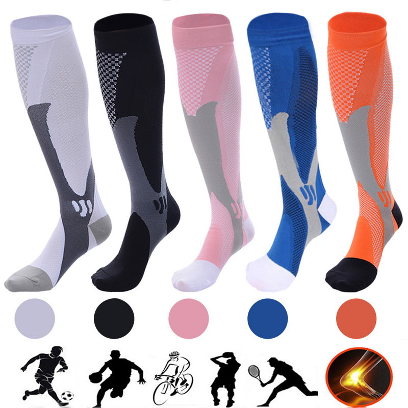 Five colorful compression socks with checkered patterns for athletic support, circulation, and recovery.