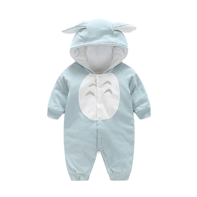 Light blue baby romper featuring a character hood with ears, white belly panel, and snap-button front closure.