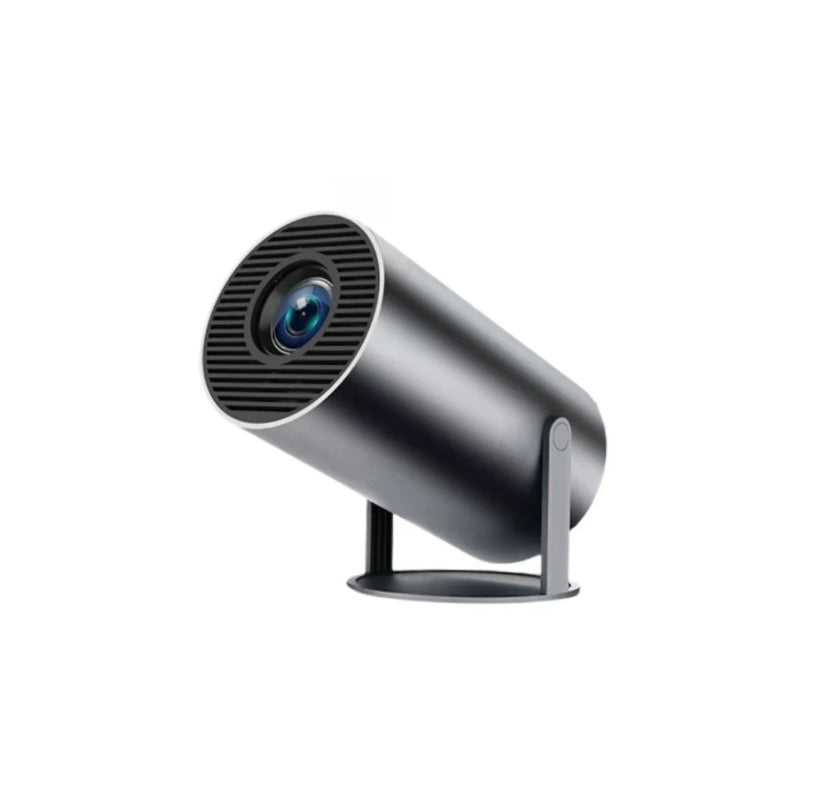 A sleek, cylindrical matte grey HY300 Pro projector mounted on a rotating stand with a front-facing circular lens.