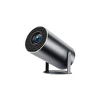 A sleek, cylindrical matte grey HY300 Pro projector mounted on a rotating stand with a front-facing circular lens.