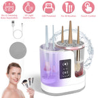 White and purple 4-in-1 electric makeup brush cleaner with digital display, USB power, and UV disinfection features.