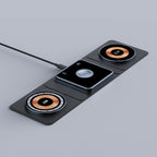 Black 3-in-1 magnetic folding wireless charger with exposed copper charging coils and a sleek, modern design.