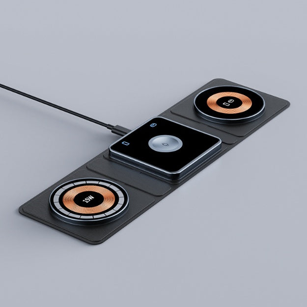 Black 3-in-1 magnetic folding wireless charger with exposed copper charging coils and a sleek, modern design.