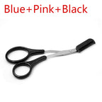 Black metal eyebrow scissors with a plastic attachment comb for precise grooming and shaping on a white background.