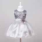 Silver baby flower girl dress with sequined bodice, satin waistband, fabric flower accent, and layered tulle skirt.
