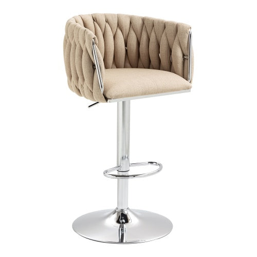 Beige fabric swivel bar stool with a woven back, chrome pedestal base, and adjustable height footrest.