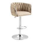 Beige fabric swivel bar stool with a woven back, chrome pedestal base, and adjustable height footrest.