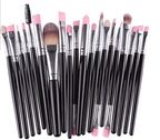 Digitaldistribution375 brush set: 20 makeup brushes with black handles, silver ferrules, and pink/brown synthetic tips.