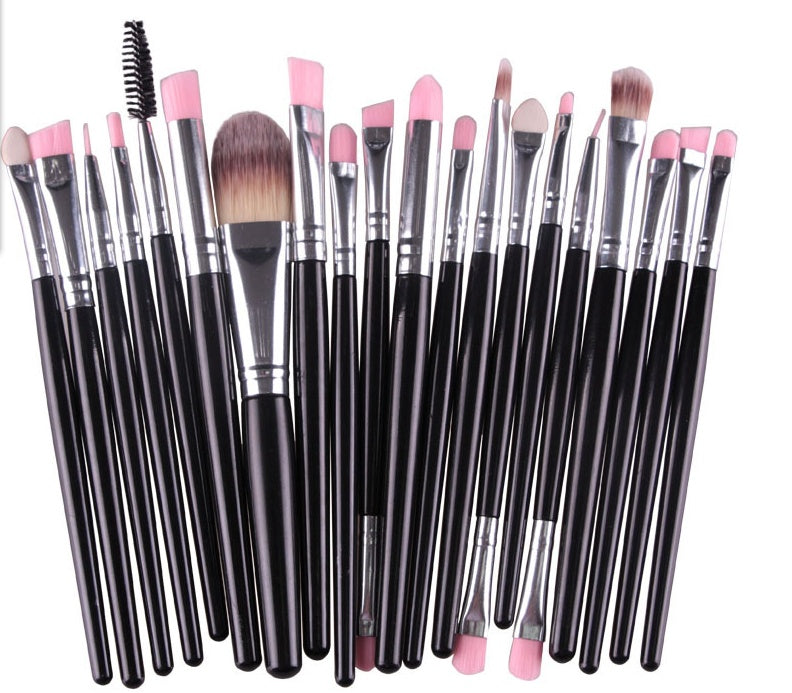 Digitaldistribution375 brush set: 20 makeup brushes with black handles, silver ferrules, and pink/brown synthetic tips.