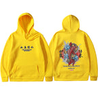 Bright yellow hoodie with front and back views featuring Ukiyoe-style koi fish and Japanese character graphics.