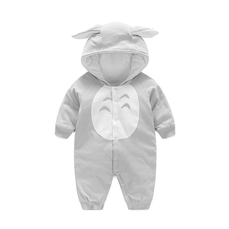 Grey fleece baby romper with hood and ears, white belly panel with chevron details, and full-length snap closure.