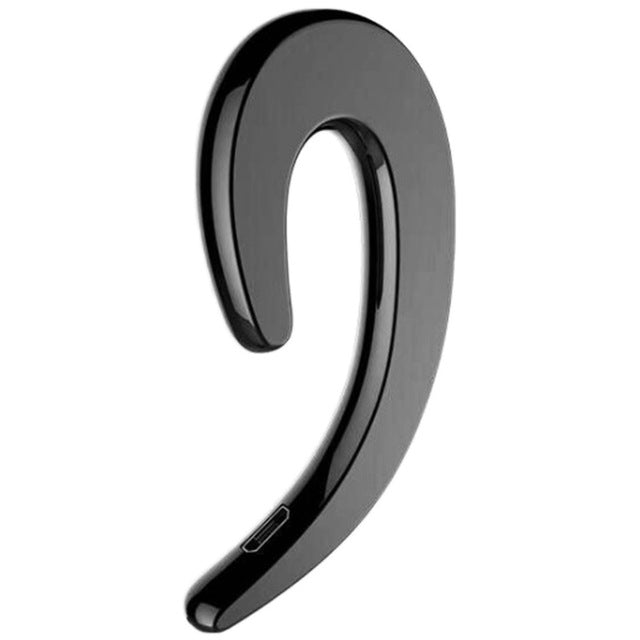 Glossy black, curved bone conduction Bluetooth sports earbud with a visible charging port on a white background.