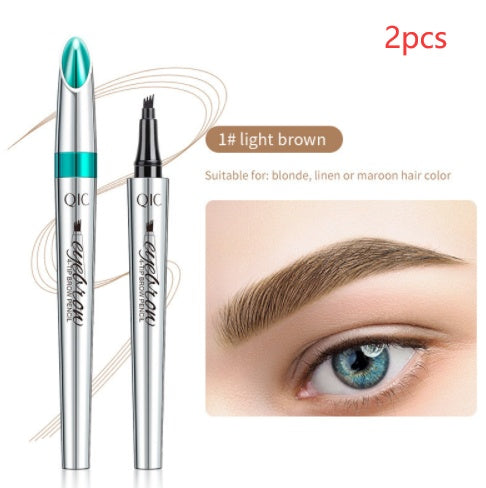 Two silver QIC four-prong liquid eyebrow pencils in light brown with a demonstration of the hair-like strokes.