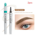 Two silver QIC four-prong liquid eyebrow pencils in light brown with a demonstration of the hair-like strokes.