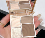 Mugeleen all-in-one contour and highlight palette with two matte brown shades, a highlighter, and a shimmer powder.