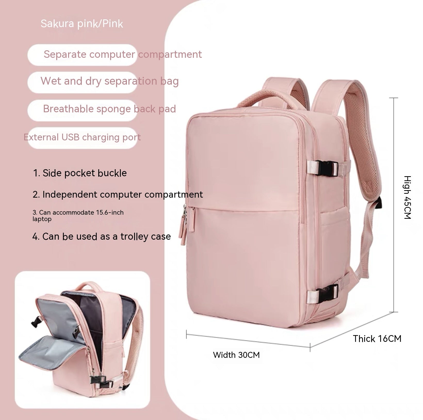 Sakura pink waterproof backpack with laptop compartment, USB port, and breathable back padding. 45x30x16cm dimensions.