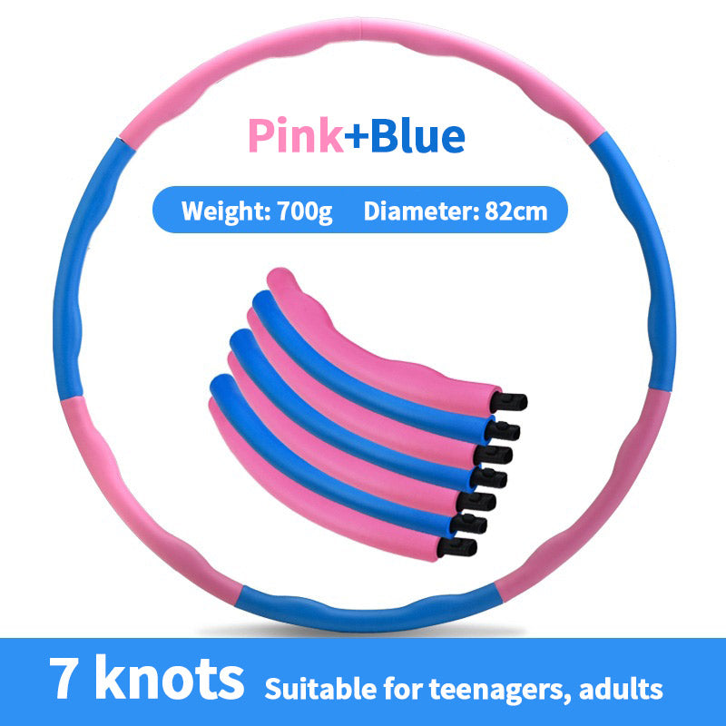 Pink and blue foam-padded fitness hula hoop, 82cm diameter, 700g, detachable 7-knot design for easy storage.