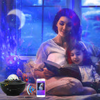 Black USB-powered LED projector light with music player features, casting a colorful moon and star night-sky effect.