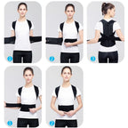 A woman demonstrates how to wear a black mesh spine posture corrector over a white t-shirt in this step-by-step guide.
