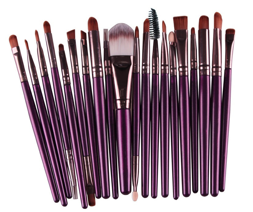 Digitaldistribution375 set of 20 purple makeup brushes with metallic handles, soft bristles, and varied tip shapes.