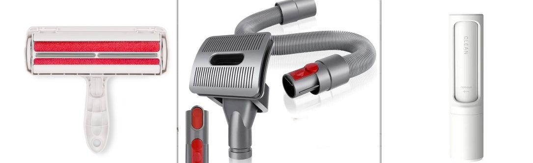 Three pet hair removal tools: a red-and-white hand roller, a grey vacuum attachment, and a white portable stick.