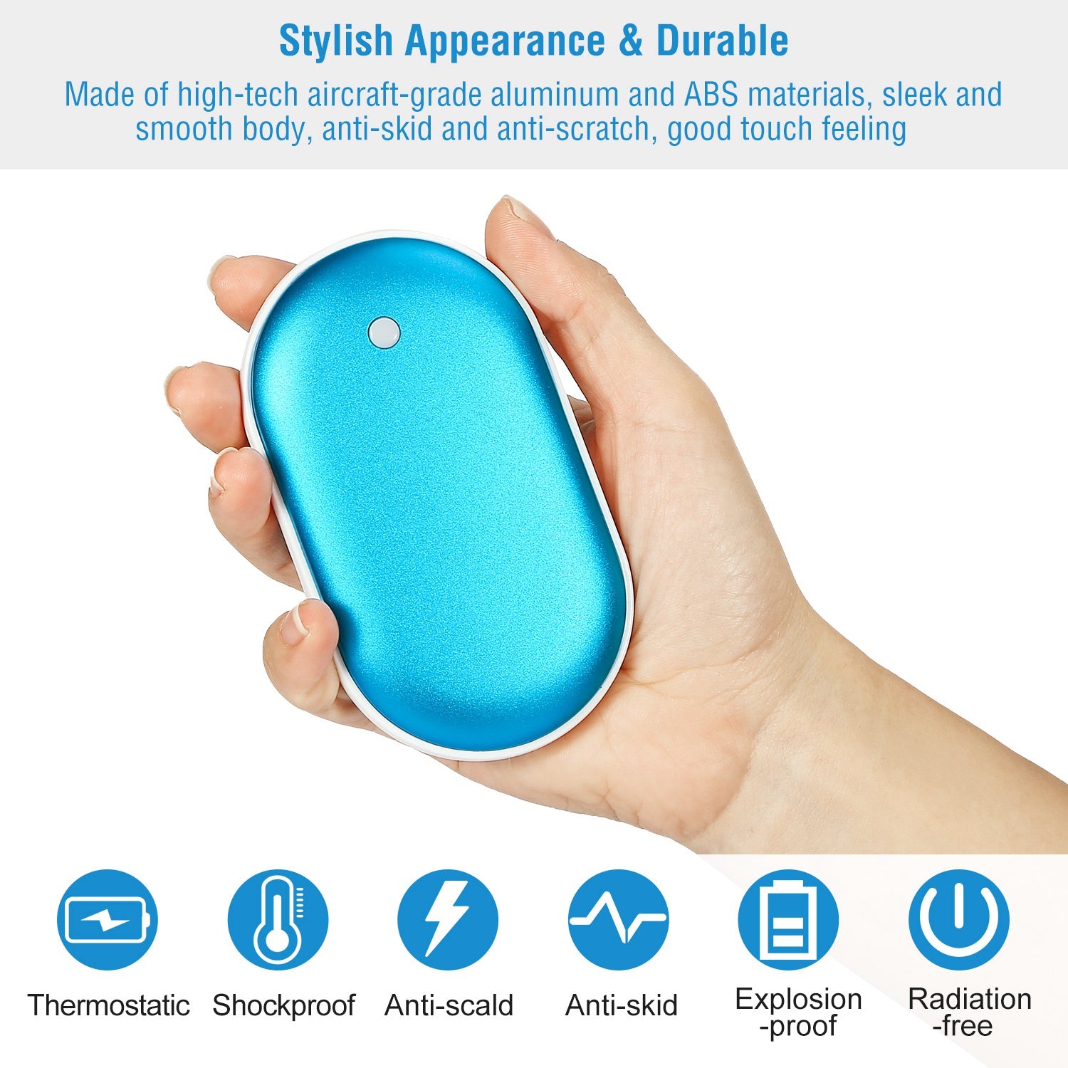 Hand holding a sleek, blue, oval-shaped rechargeable hand warmer and 5000mAh power bank against a white background.