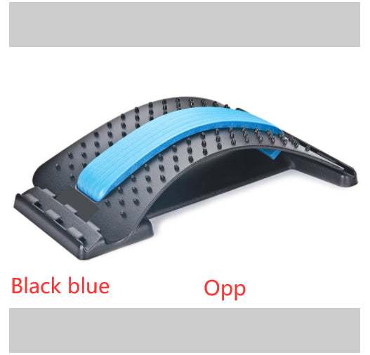 Black and blue arched lumbar traction device with acupressure points for back pain relief.