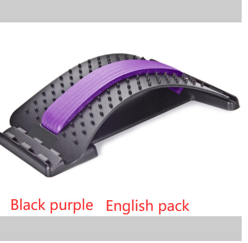 Black and purple arched plastic lumbar back stretcher with acupressure nodes for pain relief.