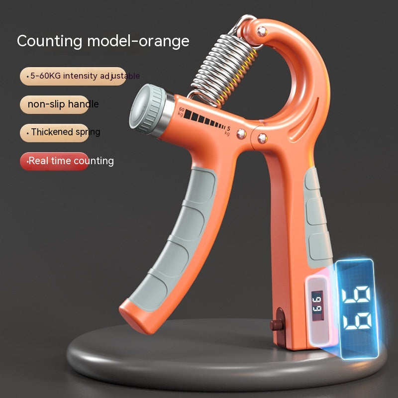 Orange adjustable hand grip trainer with a steel spring, non-slip grey handles, and a digital rep counter display.