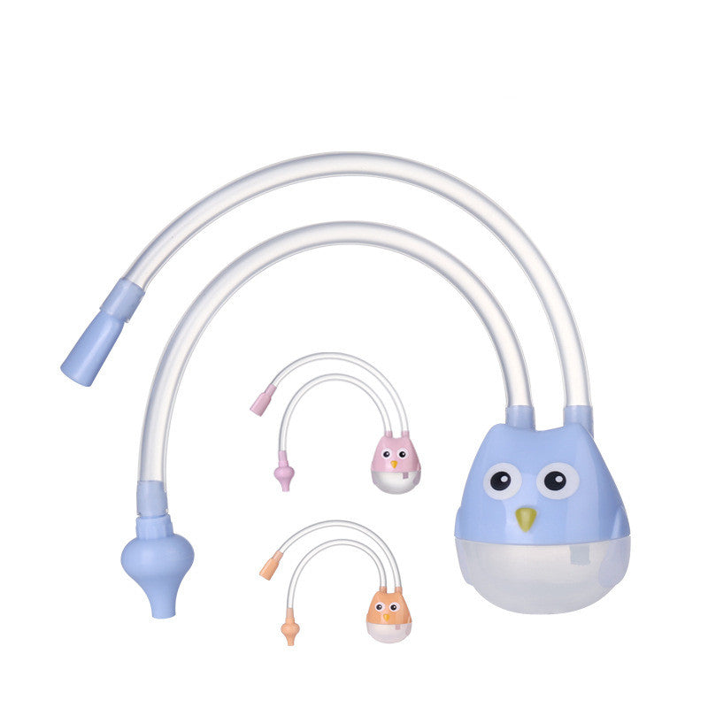 Blue, pink, and orange owl-themed baby nasal aspirators with clear silicone suction tubes on a white background.