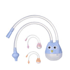 Blue, pink, and orange owl-themed baby nasal aspirators with clear silicone suction tubes on a white background.