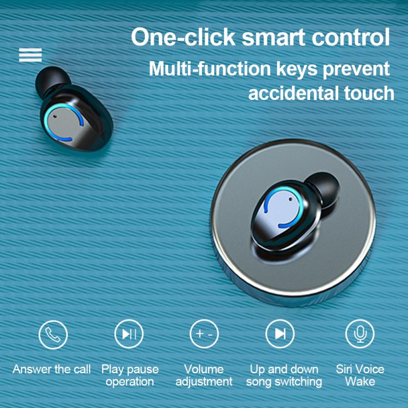 Two black wireless earbuds on a blue background, featuring blue light accents and touch control icons.