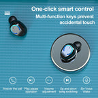 Two black wireless earbuds on a blue background, featuring blue light accents and touch control icons.