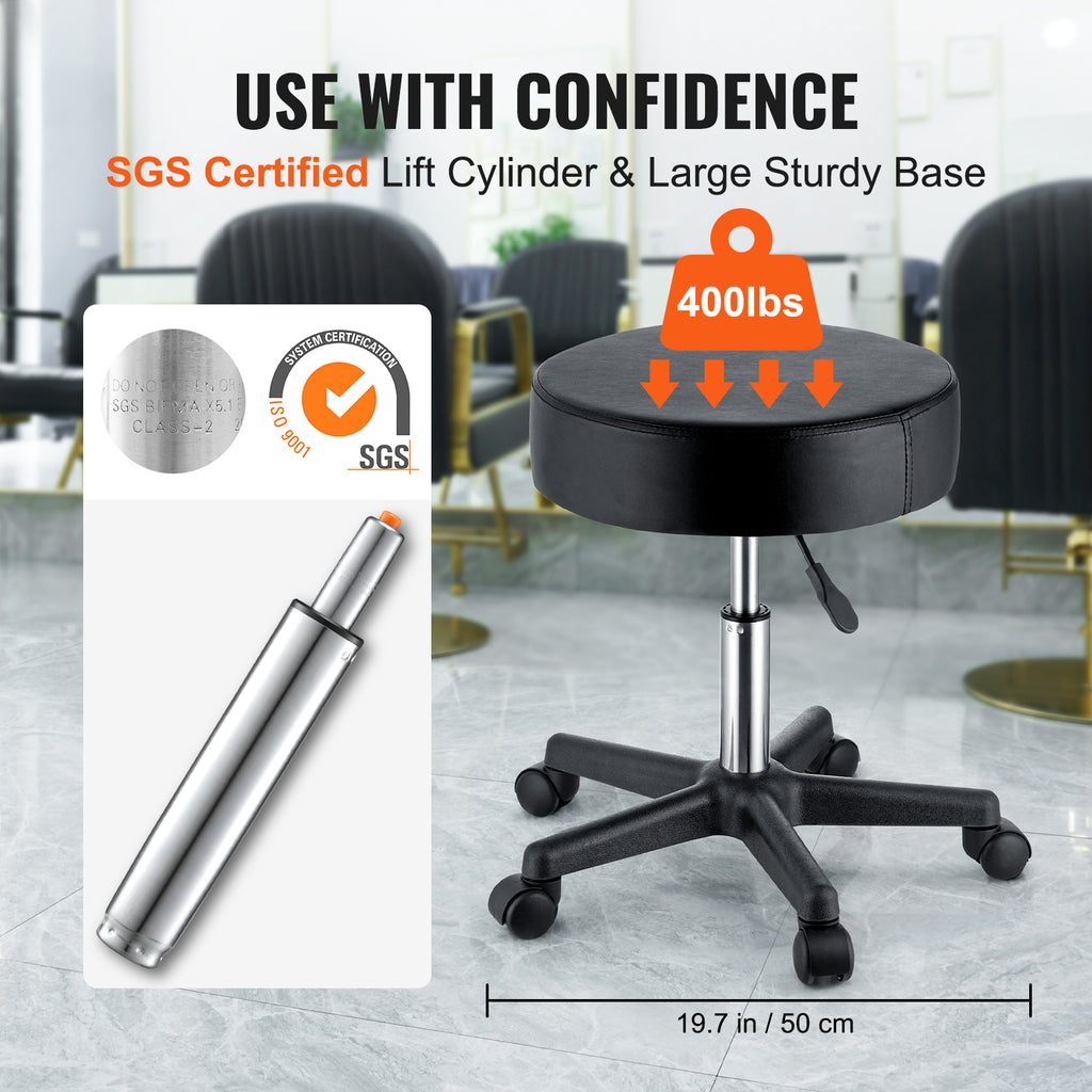 Black rolling stool with thick seat, adjustable chrome gas lift, and 5-wheel base, supporting up to 400 lbs.