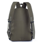 Back view of an olive green canvas student backpack with padded adjustable shoulder straps against a white background.