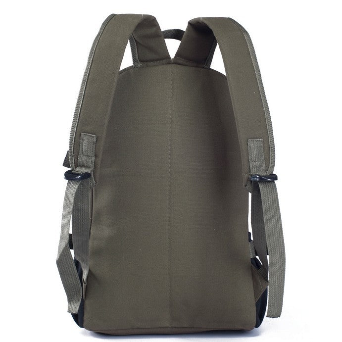 Back view of an olive green canvas student backpack with padded adjustable shoulder straps against a white background.