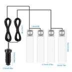 Technical diagram of 4 white car interior LED light strips, black power cables, and a car cigarette lighter adapter.
