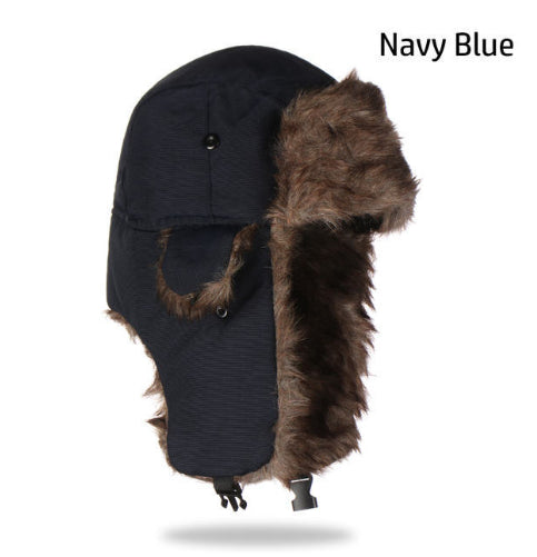 Navy blue waterproof trooper hat with brown faux fur lining, ear flaps, and an adjustable chin buckle strap.