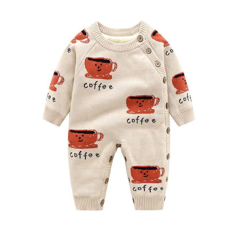 Beige, thick-knit baby romper with a cute red coffee cup pattern and button-down side closure.
