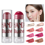 Handaiyan cream blush sticks in clear tubes with a model applying blush and eight color swatches ranging from 01-08.