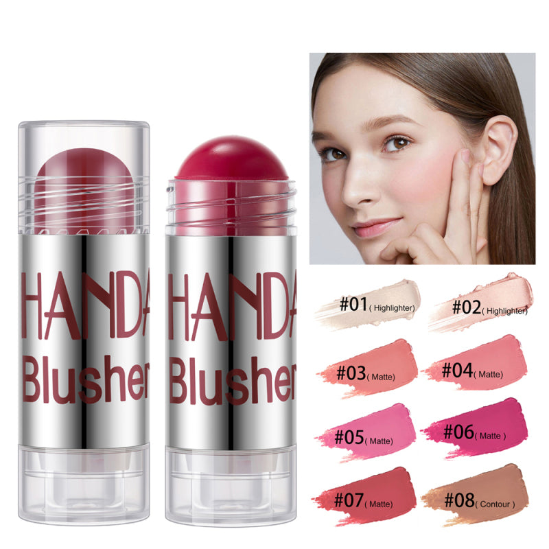 Handaiyan cream blush sticks in clear tubes with a model applying blush and eight color swatches ranging from 01-08.