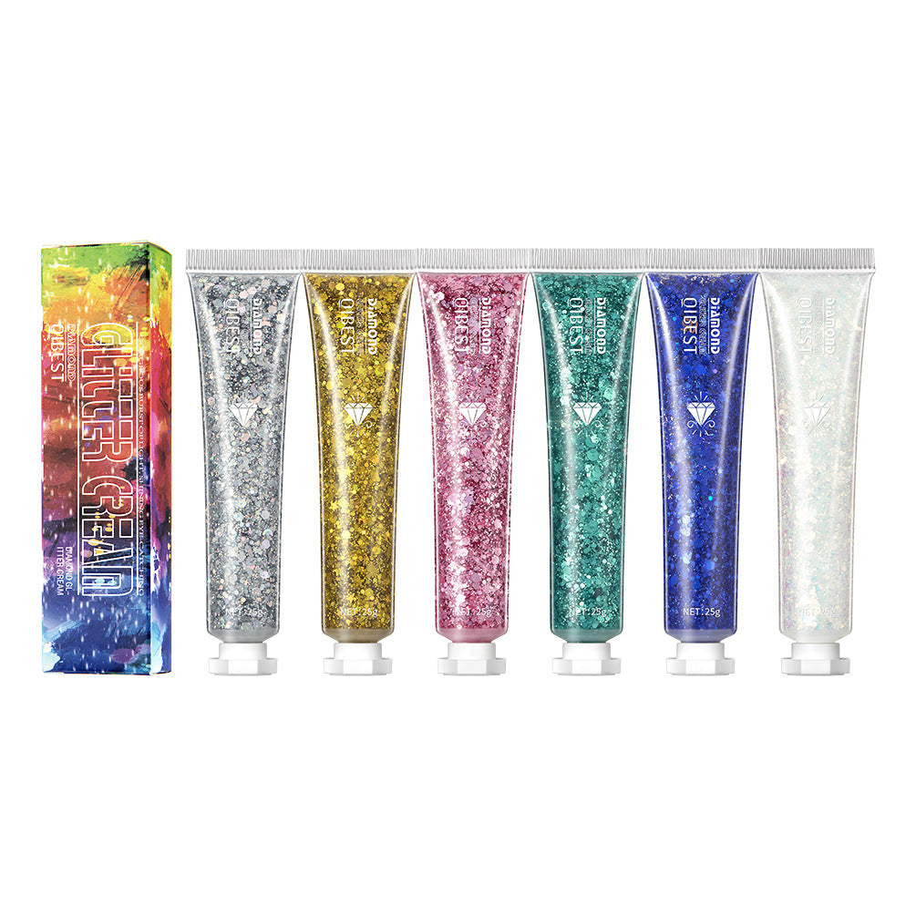 Six tubes of colorful, sparkling glitter face and body gel next to a matching product box by Qibest.