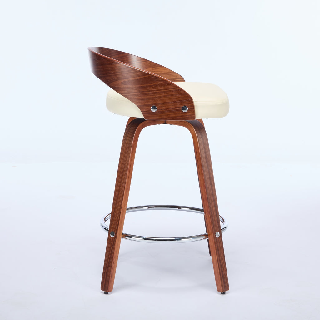 Swivel counter stool with wood frame, low back, and beige cushioned seat on a chrome circular footrest.