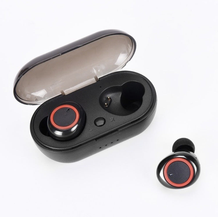Digitaldistribution375 black wireless earbuds with red accents, in a matte charging case with translucent lid.