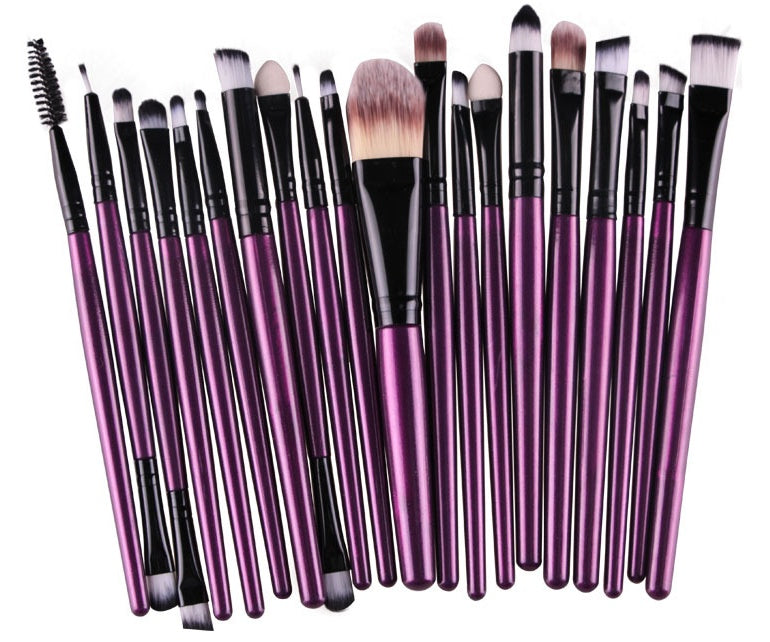 Digitaldistribution375 makeup set: 20 assorted brushes with purple handles, black ferrules, and soft synthetic bristles.
