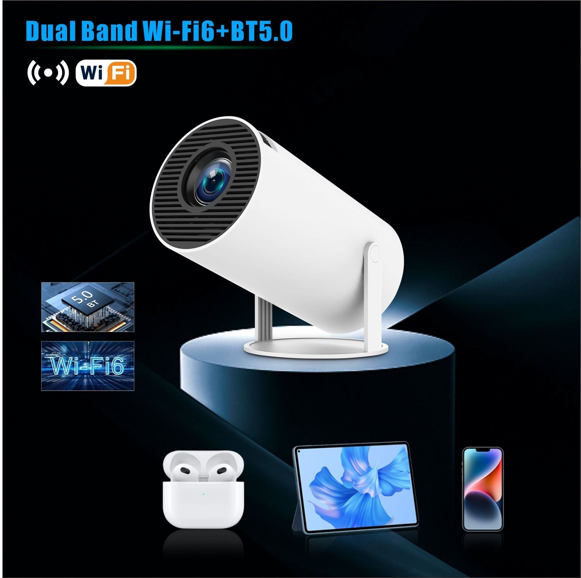 White HY300 Pro portable projector on a swivel stand, highlighting Wi-Fi 6 and BT 5.0 connectivity on black background.