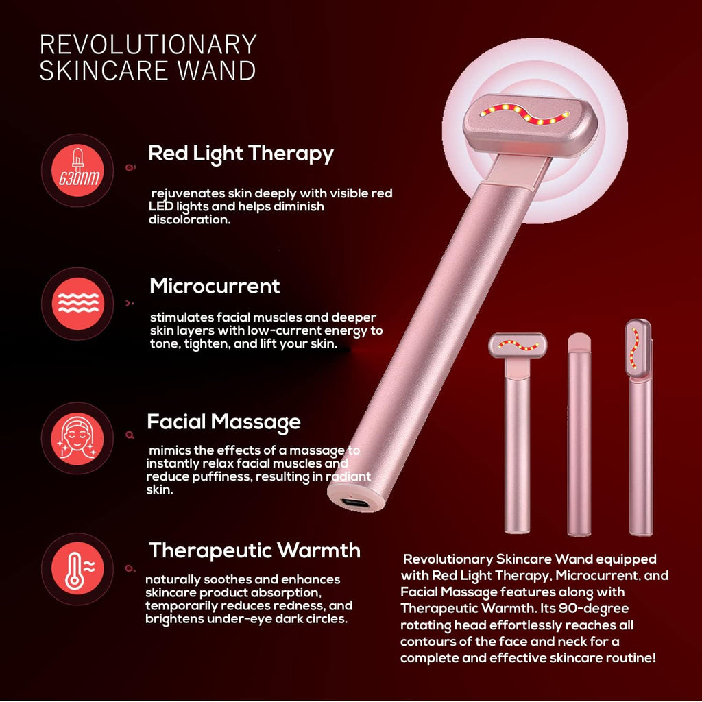 Rose gold 4-in-1 facial wand with red LED light, microcurrent, massage, and heat features on a dark red background.