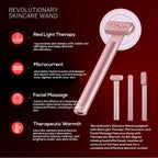 Rose gold 4-in-1 facial wand with red LED light, microcurrent, massage, and heat features on a dark red background.